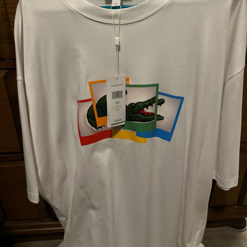 Lacoste White Short Sleeve Tee with Multicolor Graphic